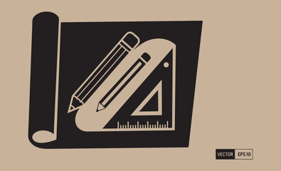 Architectural blueprint with drafting tools and pencil