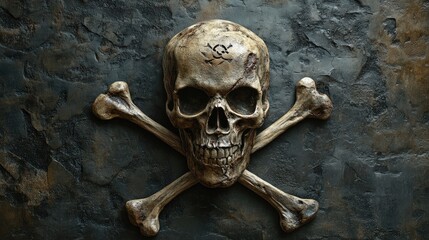A detailed skull and crossbones design, representing danger and death, set against a dark, textured background.