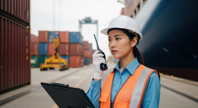 Overseeing relocation with clipboard: Woman with clipboard and walkie talkie oversees container relocation process. Relocation oversight is essential for safety and efficiency,