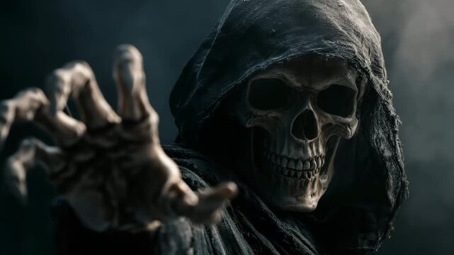 Creepy skeleton figure in a dark hooded cloak extending its bony hand toward the camera in a moody and foggy setting.