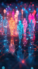 A digital artwork depicting semi-transparent figures in vibrant colors, representing connectivity and movement in a futuristic setting.