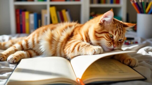 A ginger cat leafs through a book with interest in a cozy home environment, scenes from the mysterious life of cats.