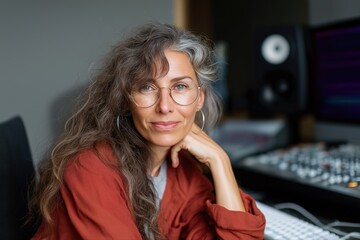 Mature caucasian female audio engineer in studio with long gray hair and glasses