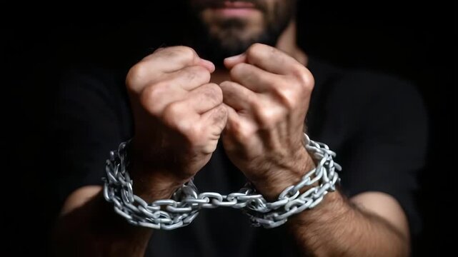 Person with heavy metal chains wrapped around both wrists, fists clenched against a dark background.