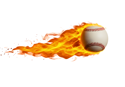 Baseball in flames flying through the air isolated on transparent background