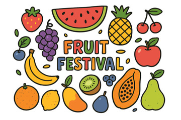 Vibrant Fruit Medley. Fruit Festival. Colorful Hand-drawn doodle Children illustration Fruit Festival watermelon slice, pineapple, strawberry,