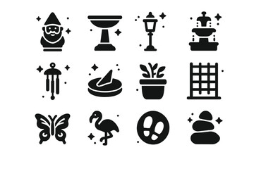 Lawn Decor Icons. Lawn decorations. Solid icons set of garden gnome, birdbath, lantern post, fountain, wind chime, sun dial, planter pot, trellis, butterfly