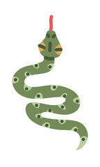 flat color vector illustration of a green snake, shown from above. A stylized snake with a curved body and a simple shape. The illustration of an isolated reptile is suitable for design, decoration,