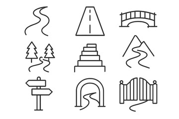 Fototapeta premium Pathway Icons Collection. Pathways. Line icon set of pathways: winding road, straight path, bridge, stairs, forest trail, mountain path, cobblestone, signpost,