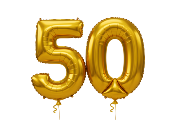 Golden number 50 balloons isolated on transparent background