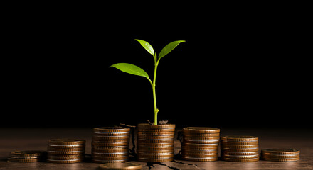 Concept of growth and success: a single resilient plant growing through a crack in a stack of coins, symbolic of financial growth and perseverance. Studio shot, dramatic lighting, sharp focus