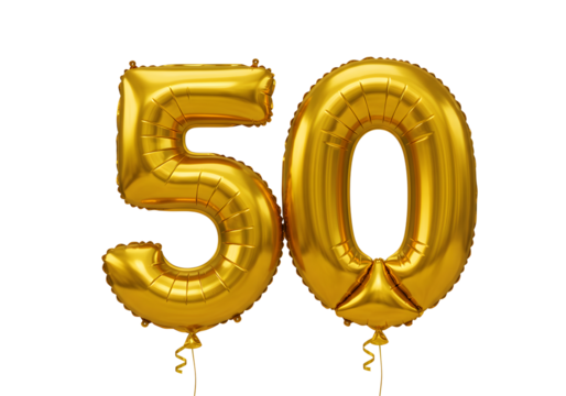 Golden number 50 balloons isolated on transparent background