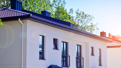 Newly built terraced houses in a residential area. Modern terraced houses on the outskirts of the city.