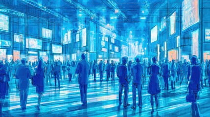 Fototapeta premium Futuristic cityscape with silhouettes of people and digital screens in a large hall