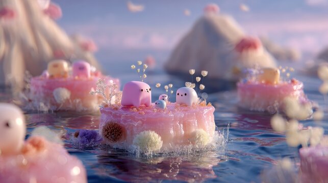 Adorable pink and white creatures on sweet cakes floating in a dreamy ocean, perfect for whimsical designs and joyful branding, fantasy landscape background