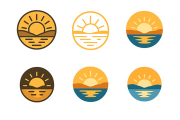 Sunrise and Sunset Logos. Sunrise and sunset over natural landscapes. Set Logo of Sunrise and sunset over natural landscapes: Tranquil lake mirror at sunset.
