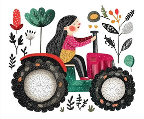 A woman sits alone on a big tractor, surrounded by plants and flowers in a quiet field. A dreamy lady works at a farm, operating heavy machinery. AI-generated illustration