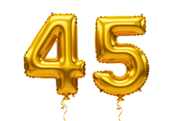 Golden number 45 balloons isolated on transparent background