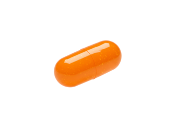 Single orange capsule pill isolated on transparent background