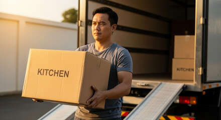 Man carrying moving box with kitchen label near truck. Moving box containing kitchen items is carried by man, focusing on transportation, relocation, and home shifting. Conceptual moving box shot,