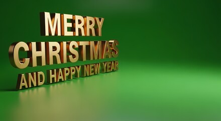 Bold 3D Gold Text Merry Christmas and Happy New Year on Deep Green Studio Background