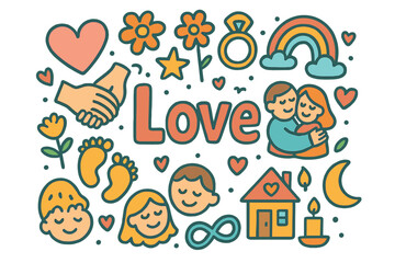 Love Doodle Illustration. Love. Hand-drawn doodle illustration of Love. hearts, hands holding, flowers, ring,
