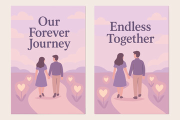 Pastel Journey Banners. Our forever journey. Two vertical A6 banners with safe margins, centered composition, no elements touching edges, pastel style,