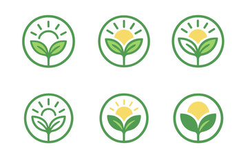 Obraz premium Eco Circle Logos. Organic and plant-based food systems. Set Logo of eco circle: circular emblem with plant and sun. harmonious logo variations of the same