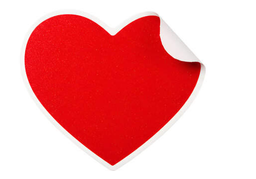 Red heart shaped sticker with peeling corner isolated on transparent background