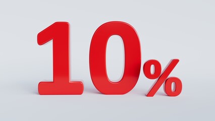 Red 10% symbol in glossy 3d style on light background