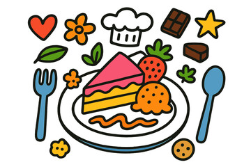 Cartoon Dessert Delight. Dessert Plating. Colorful Hand-drawn doodle Children illustration cake slice, ice cream scoop, sauce drizzle, plate, fork, spoon,
