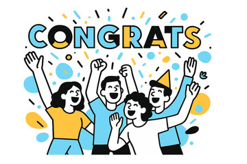 Fototapeta premium Joyful Congrats Celebration. Joyful Congrats. A group of friends cheering with glowing confetti raining down, abstract shapes forming the word ?Congrats? in