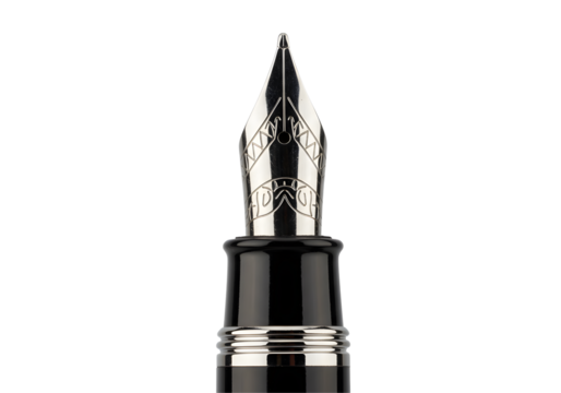 Close up of a silver fountain pen nib isolated on transparent background