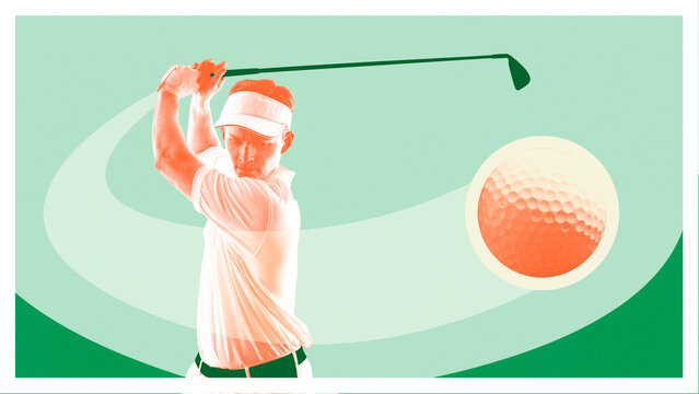 Graphic composition. Golfer swinging club with golf ball in flight dynamic motion. Concept of sport, luxury lifestyle, networking, education and premium brand campaigns. - Powered by Adobe