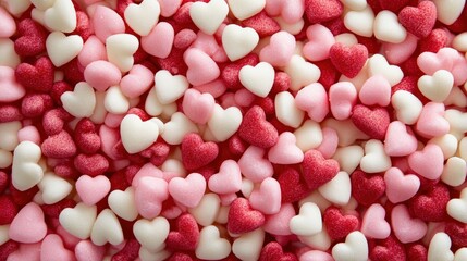 A colorful assortment of heart-shaped candies in pink, red, and white, perfect for celebrating love and special occasions.