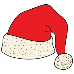 Hand-drawn cartoon Santa Claus hat on a white background. Christmas and New Year concept.