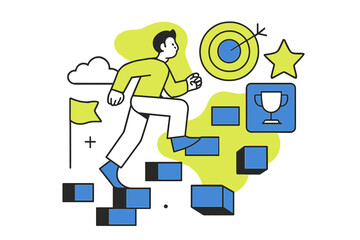 Obraz premium Climbing Abstract Stairs. Goal-Oriented Mindset. Person climbing abstract stairs made of floating blocks,