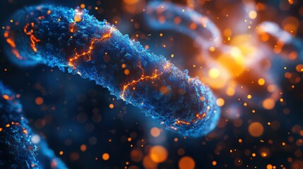 A vibrant, abstract representation of bacteria with glowing elements, showcasing a microscopic view filled with dynamic colors and textures.