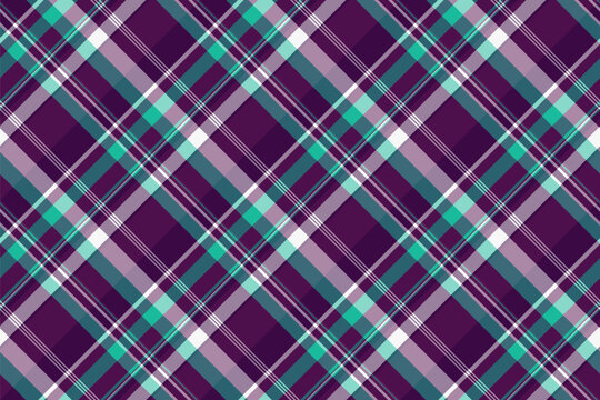 Stylish plaid pattern in purple, teal,  white. A versatile background for graphic design, textile projects, or web design. Evokes tradition with a modern twist.