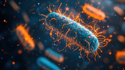 A vibrant, close-up view of a bacterium, showcasing its intricate structures and colorful details against a dark background.