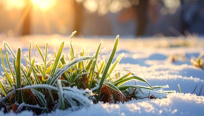 Frost covers green grass