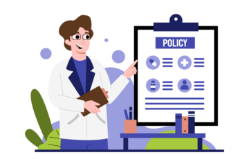 Cartoon Doctor Explaining Policy With Clipboard Against White Background