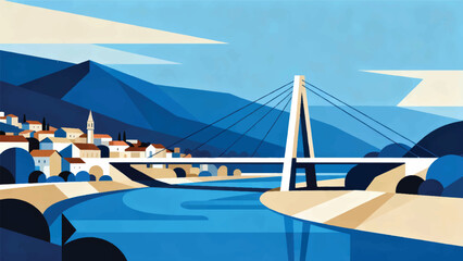 Illustration Of The Modern Millennium Bridge Over The Moraca River With A Small Town And Mountains Around Vector Design Template