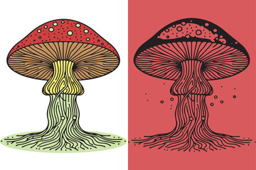 Whimsical Line Art Toadstool with Colorful Glowing Roots