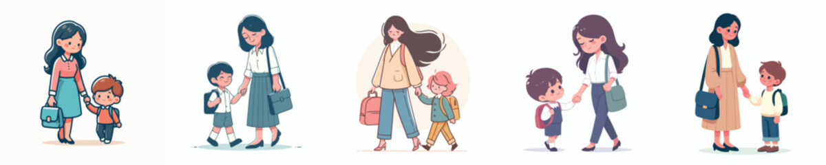 vector of a mother taking her child to school