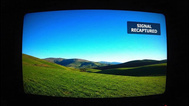 Vintage television screen showing static signal transforming into lush scenery footage