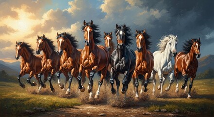 Fototapeta premium A herd of varied-colored horses gallops dynamically across a dusty field with distant hills under a cloudy sky illuminated by bright light