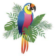Vibrant vector illustration of a colorful parrot perched among lush tropical leaves. The parrot s vivid feathers stand out, capturing the beauty and diversity of exotic birds.