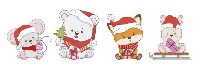 Adorable vector illustration of four cute animals wearing santa hats. Mouse, polar bear, lich and bunny wearing red hats. Perfect for holiday and winter themes.