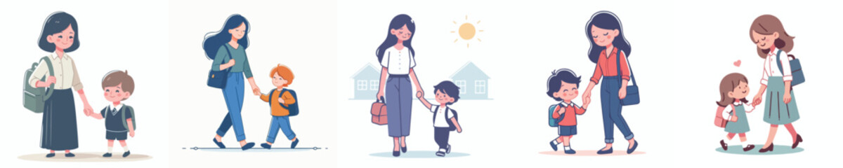 vector of a mother taking her child to school